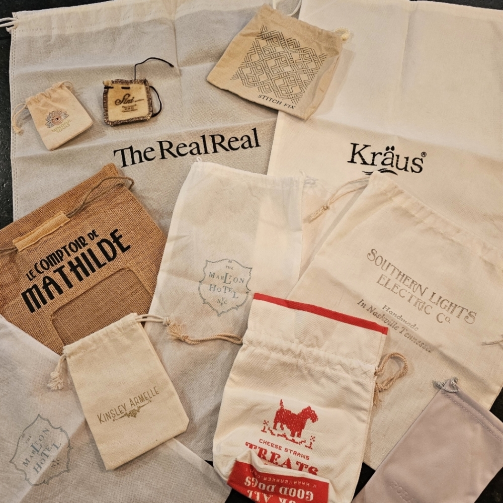 12 branded drawstring dust bags (cotton, muslin, burlap, etc.)